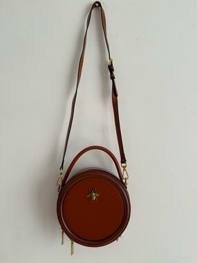 Brown Round Leather Crossbody Bag with Bee Accent